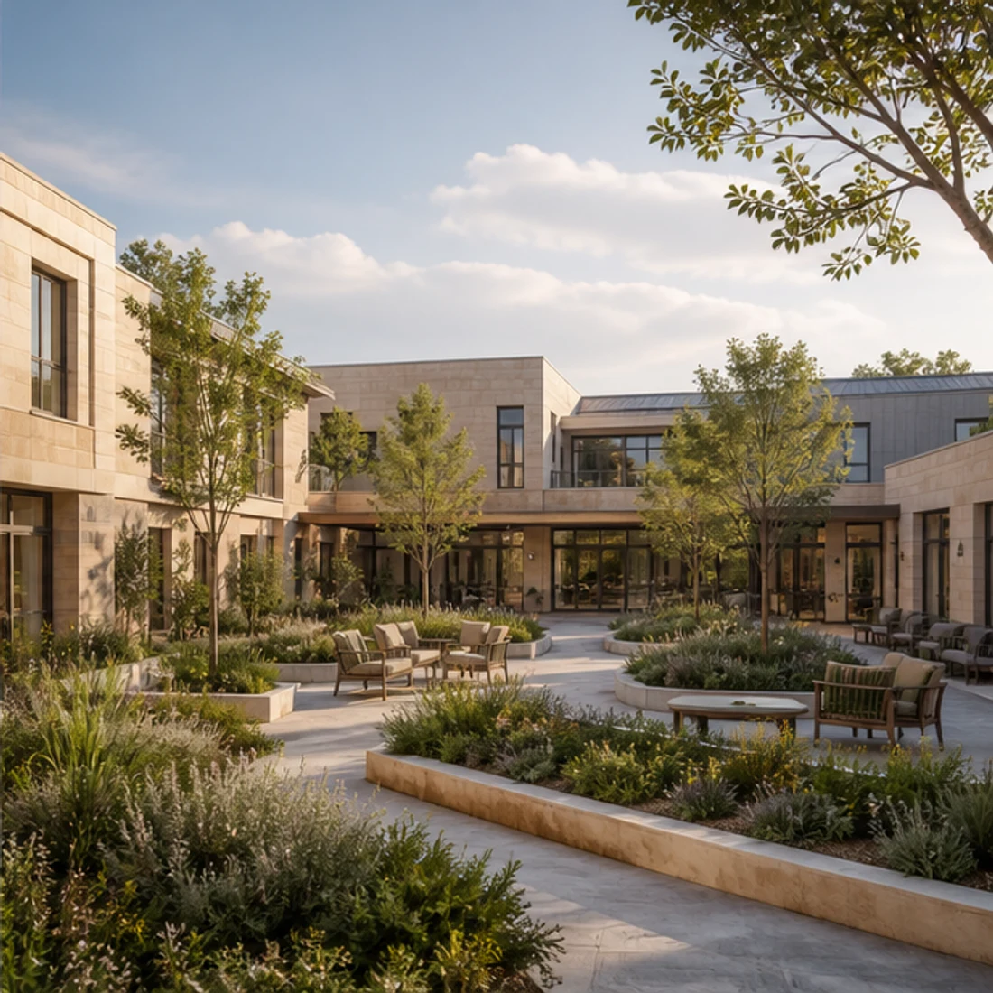Render conceptual de senior living con patios comunitarios