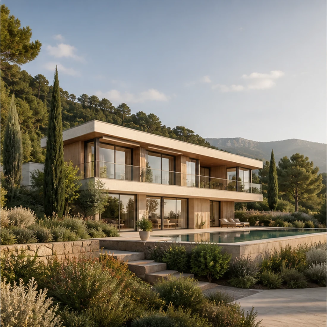 Render conceptual de villa de alta gama en paisaje mediterráneo